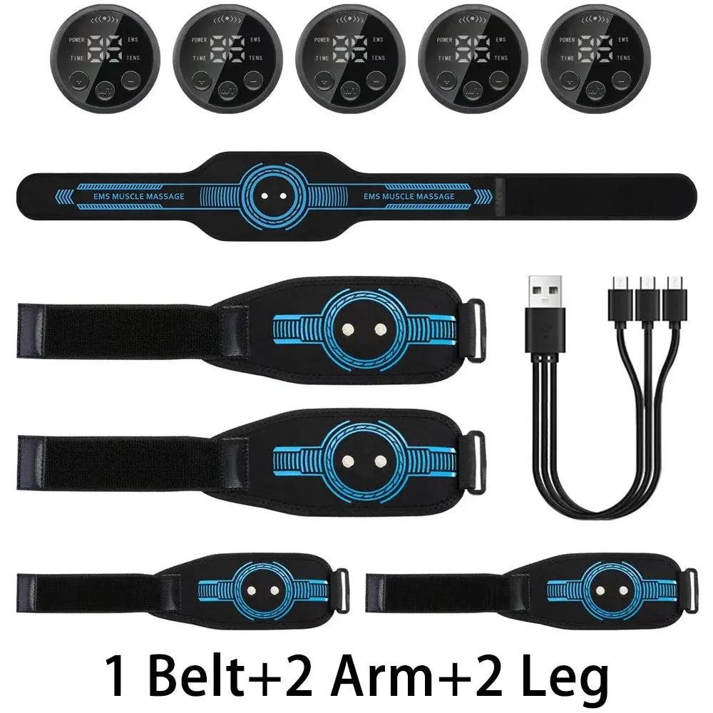 Simples Market EMS belt massage set; black with blue accents, includes 1 belt, 2 arms and 2 legs, USB charging cable