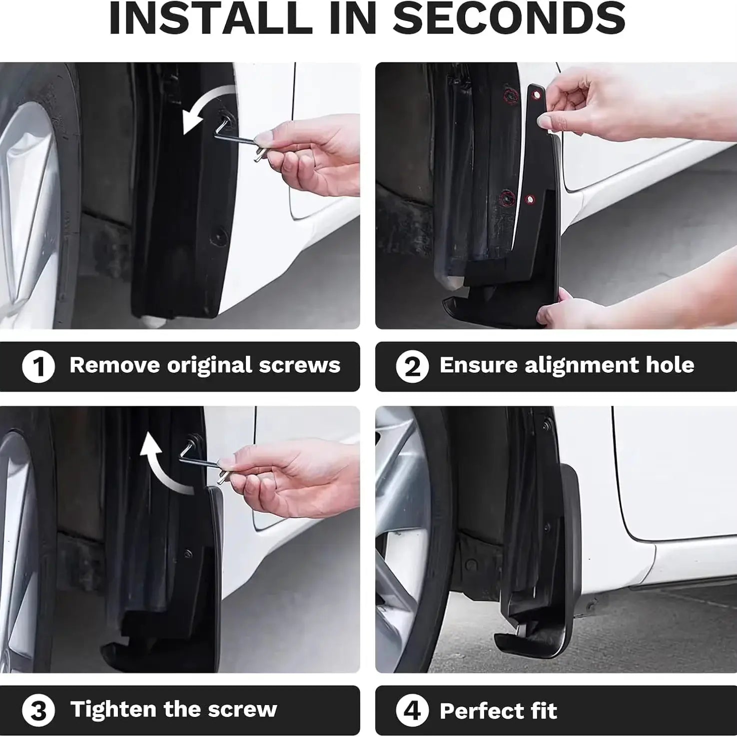 Tesla Model Y Juniper TPE floor mats installation guide collage showing screw removal, hole alignment, and final fit