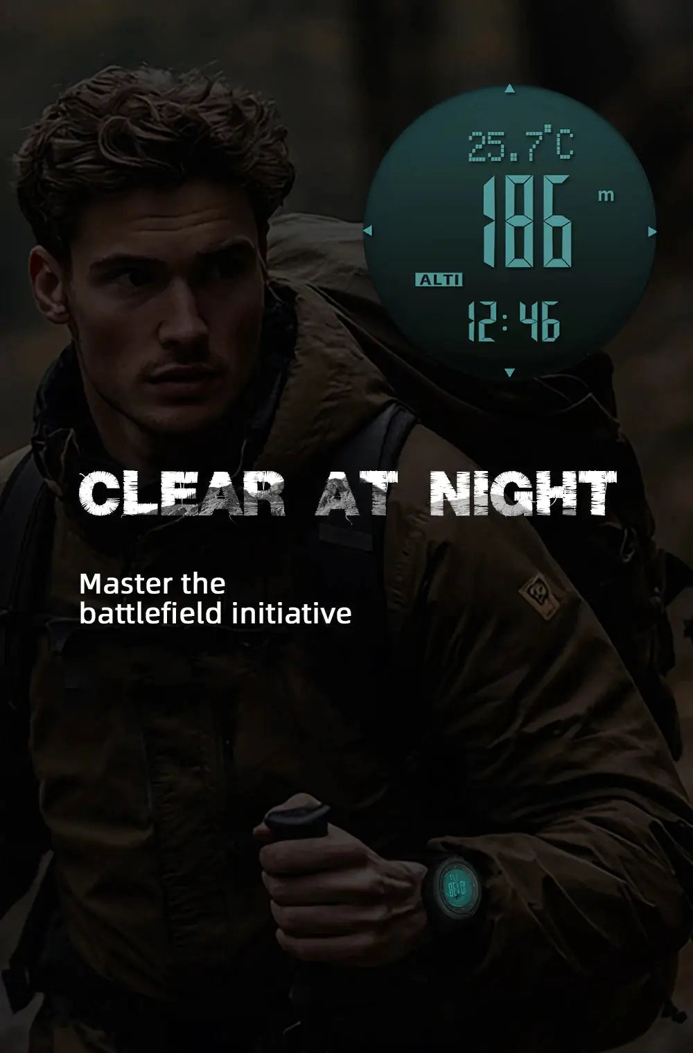 North Edge Apache-46 men's digital outdoor watch with altimeter, barometer and compass on teal display