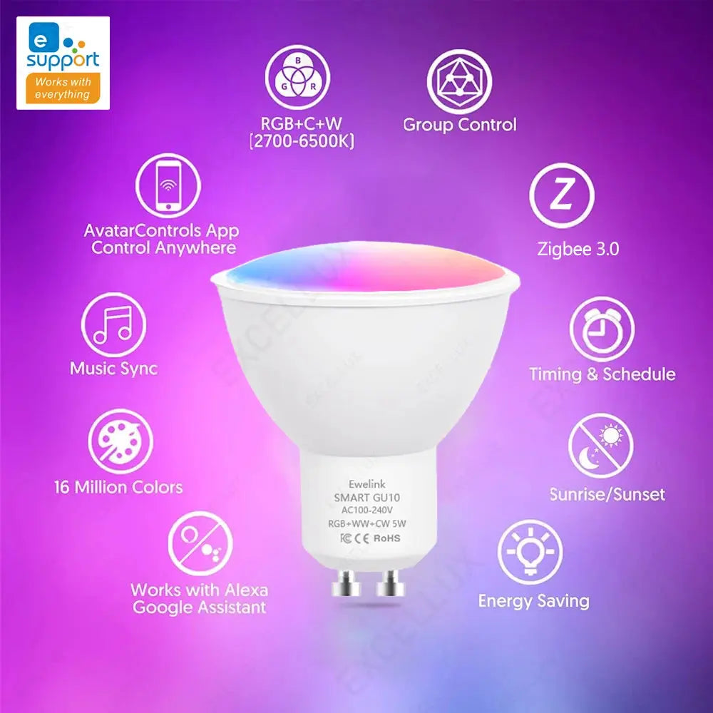 Simples Market ZigBee GU10 smart LED bulb, RGB+C+W 5W, dimmable, app-controlled; works with Alexa and Google Assistant.