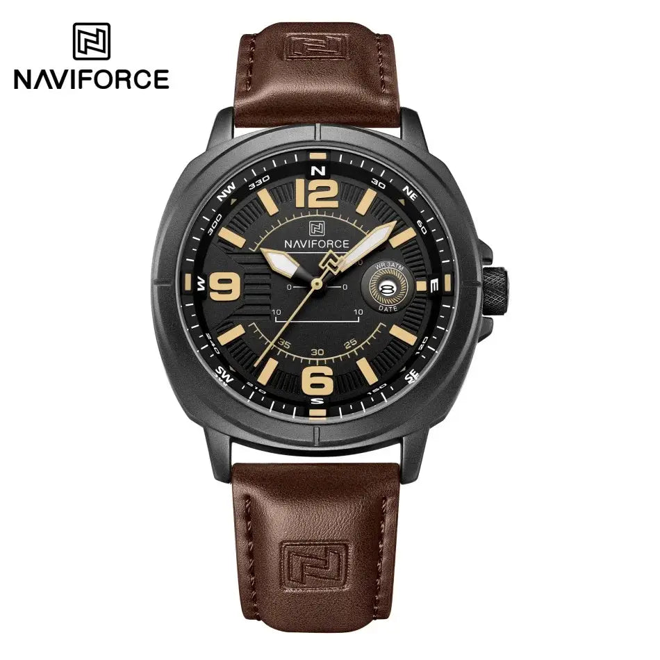 NAVIFORCE men's quartz watch with brown PU strap, black dial, beige numerals, calendar date display