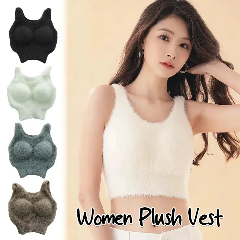 Simples Market women plush vest set; cropped faux cashmere fleece tank tops in black white gray taupe (4 color options).