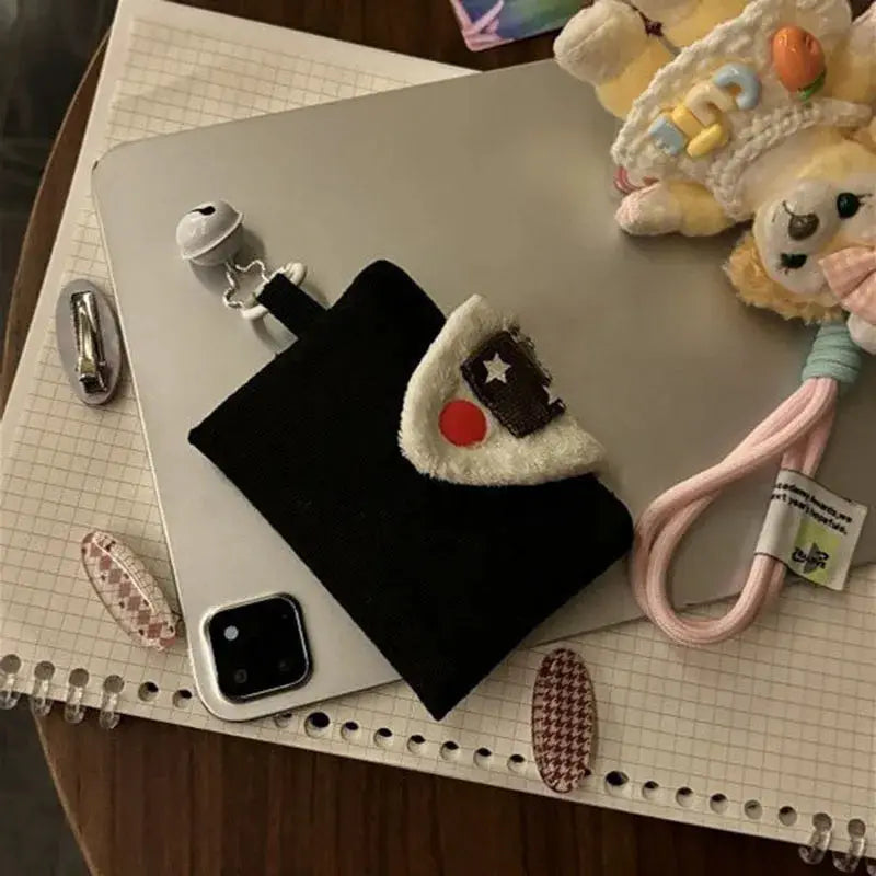 Rice Ball Card Holder coin purse in black canvas with a white fuzzy patch and red dot, Simples Market