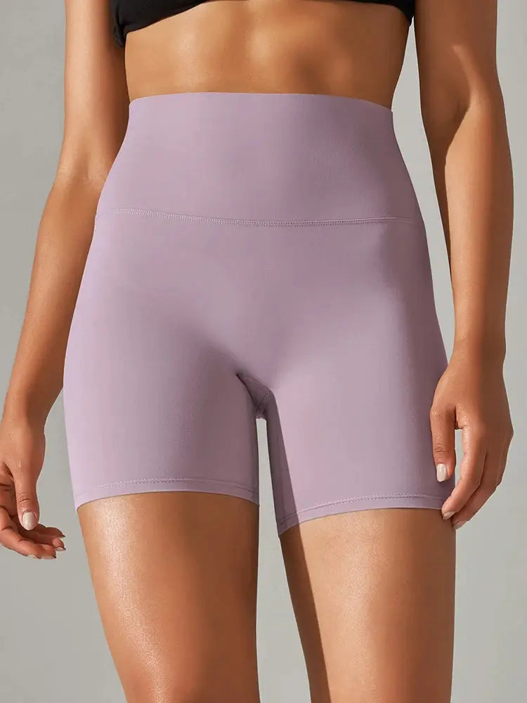 Women’s lavender high-waist athletic shorts; form-fitting yoga workout short