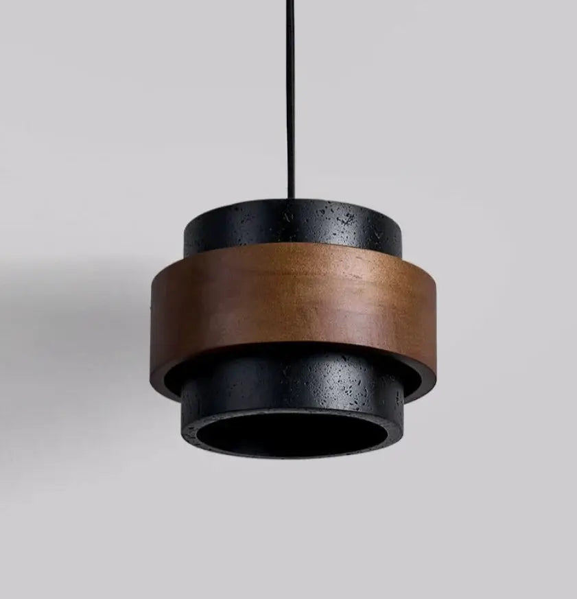 Pendant lamp Simples Market, black metal with a brown wood band, Japanese Wabi Sabi style.