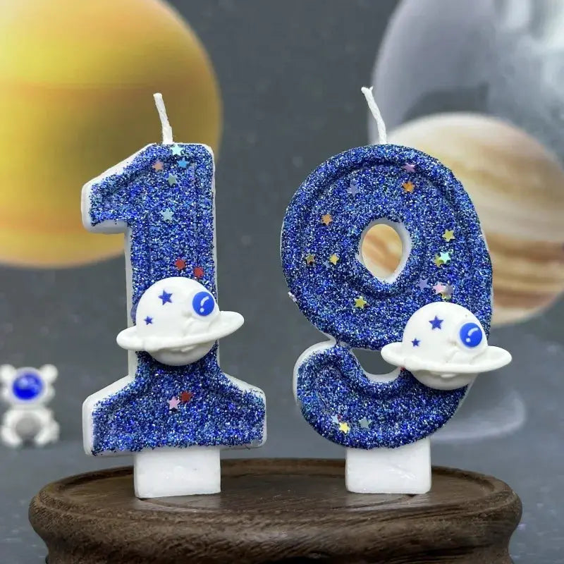 Planet Themed Spaceship Digital Candle 0 To 9 Dark Blue Birthday Cake Decoration For Outer Space Party