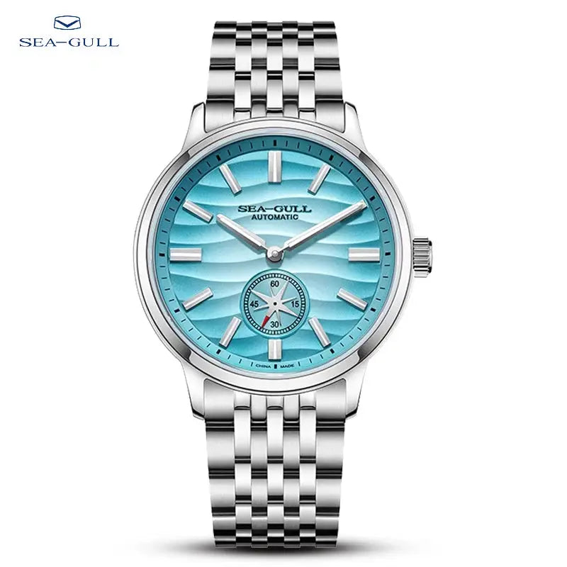 Sea-Gull automatic men’s wristwatch with turquoise dial, stainless steel bracelet, sub-dial, and luminous markers