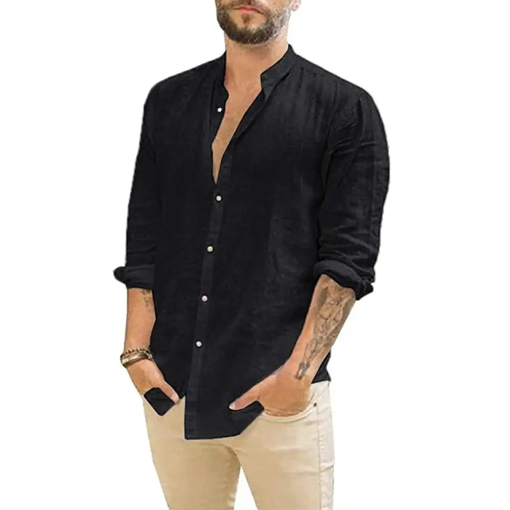 Men's black cotton-linen long-sleeve shirt with stand-up collar and rolled sleeves, casual beach style