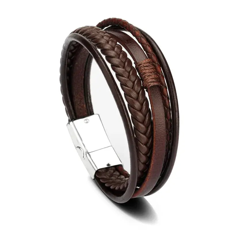 Vintage Multilayer Braided Leather Bracelet For Men Stainless Steel Rope Design Jewelry Gift