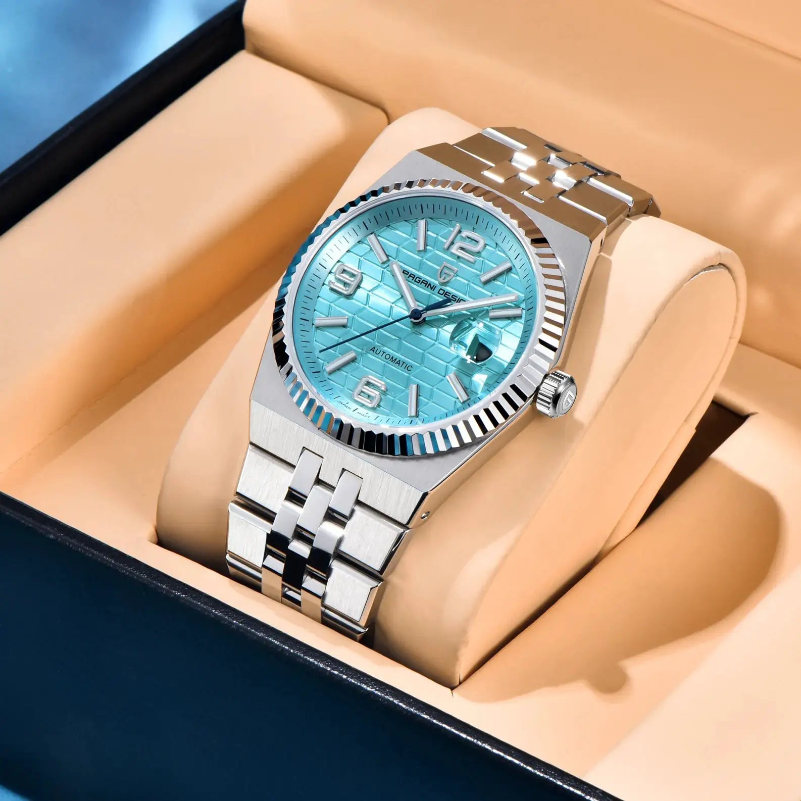 PAGANI DESIGN men's automatic watch with turquoise 3D rhombus dial, AR sapphire crystal, stainless steel bracelet.