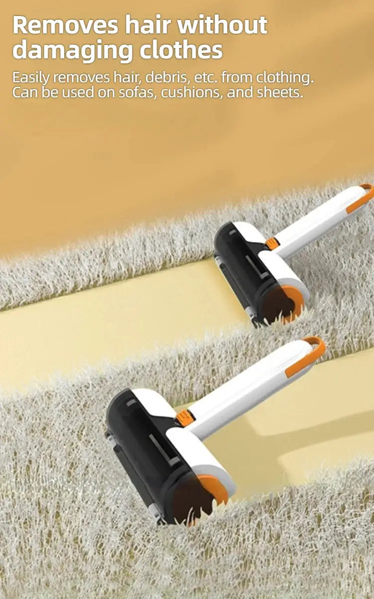 Multifunctional pet hair remover roller set; white handles with orange accents and black rollers, two units.