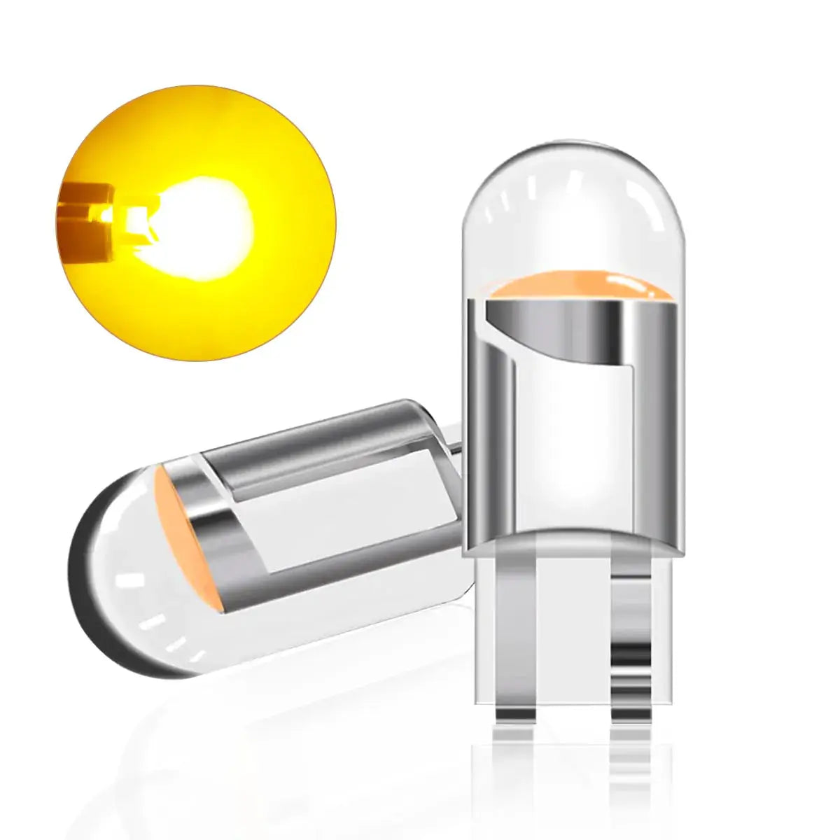 Two LED car bulbs, W5W/T10, silver metal bases with glass caps, yellow light