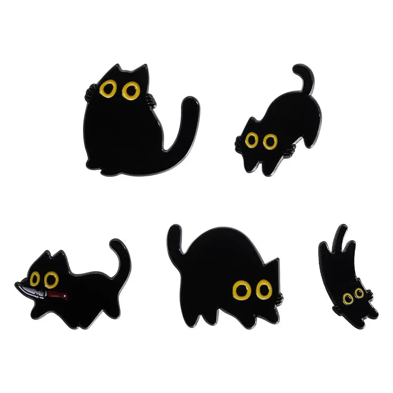 Cat Enamel Pins Set 4 To 6 Pieces Cute Black Fluid Cat Brooches Lapel Pins Jewelry Gift For Friends