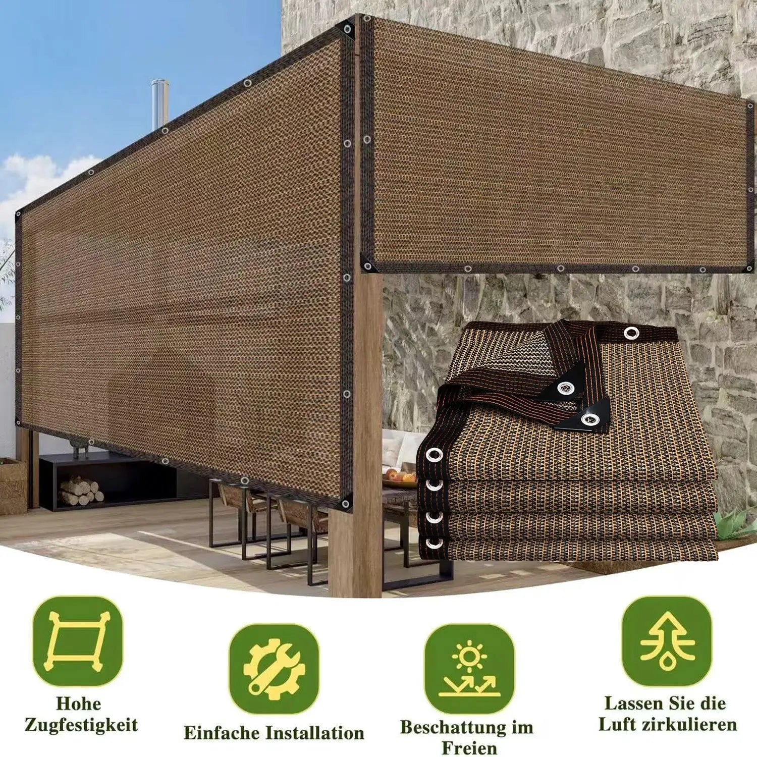 Heavy duty brown shade cloth with grommets, UV-block sun shade net for patio pergola and garden.