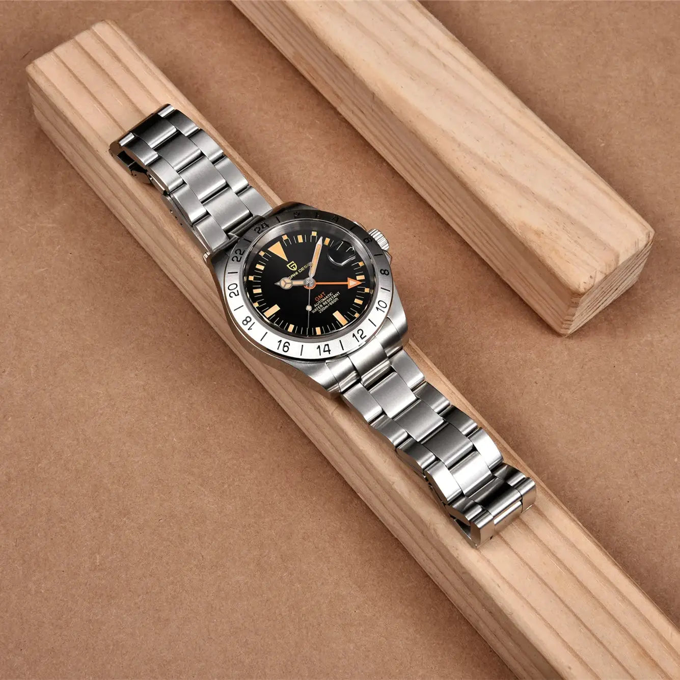 PAGANI DESIGN GMT men's stainless steel watch with black dial, orange GMT hand, 24-hour bezel, 200m water resistant