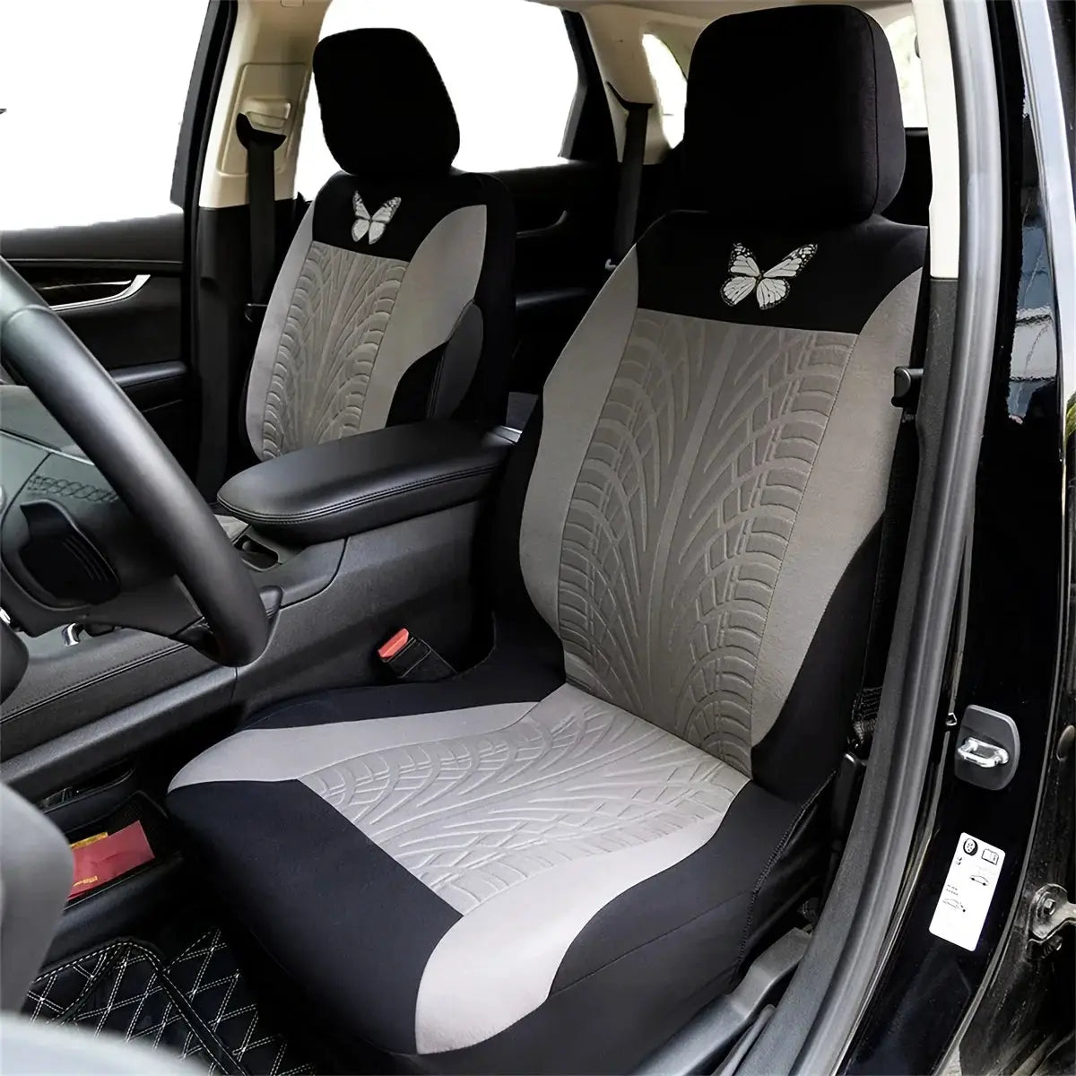 Car seat cover full set; butterfly embroidery on pair of front seat covers, grey and black fabric, Simples Market.