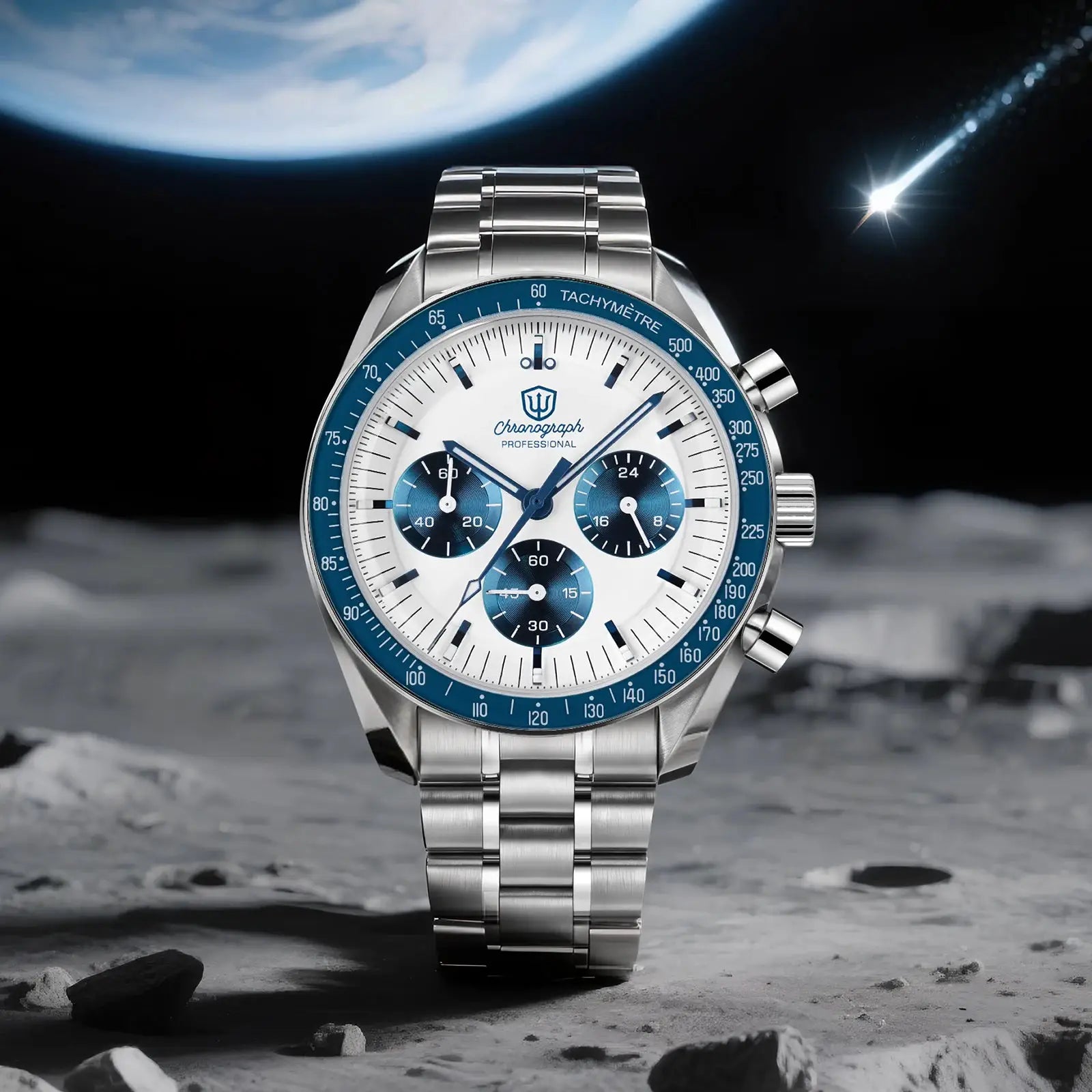Watchdives Wd1863 quartz men's chronograph with white dial, blue bezel and stainless steel bracelet
