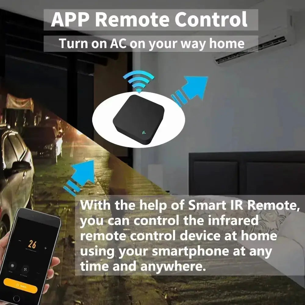 Tuya WiFi IR remote with temperature humidity sensor, black square, compatible with Google Assistant and Alexa