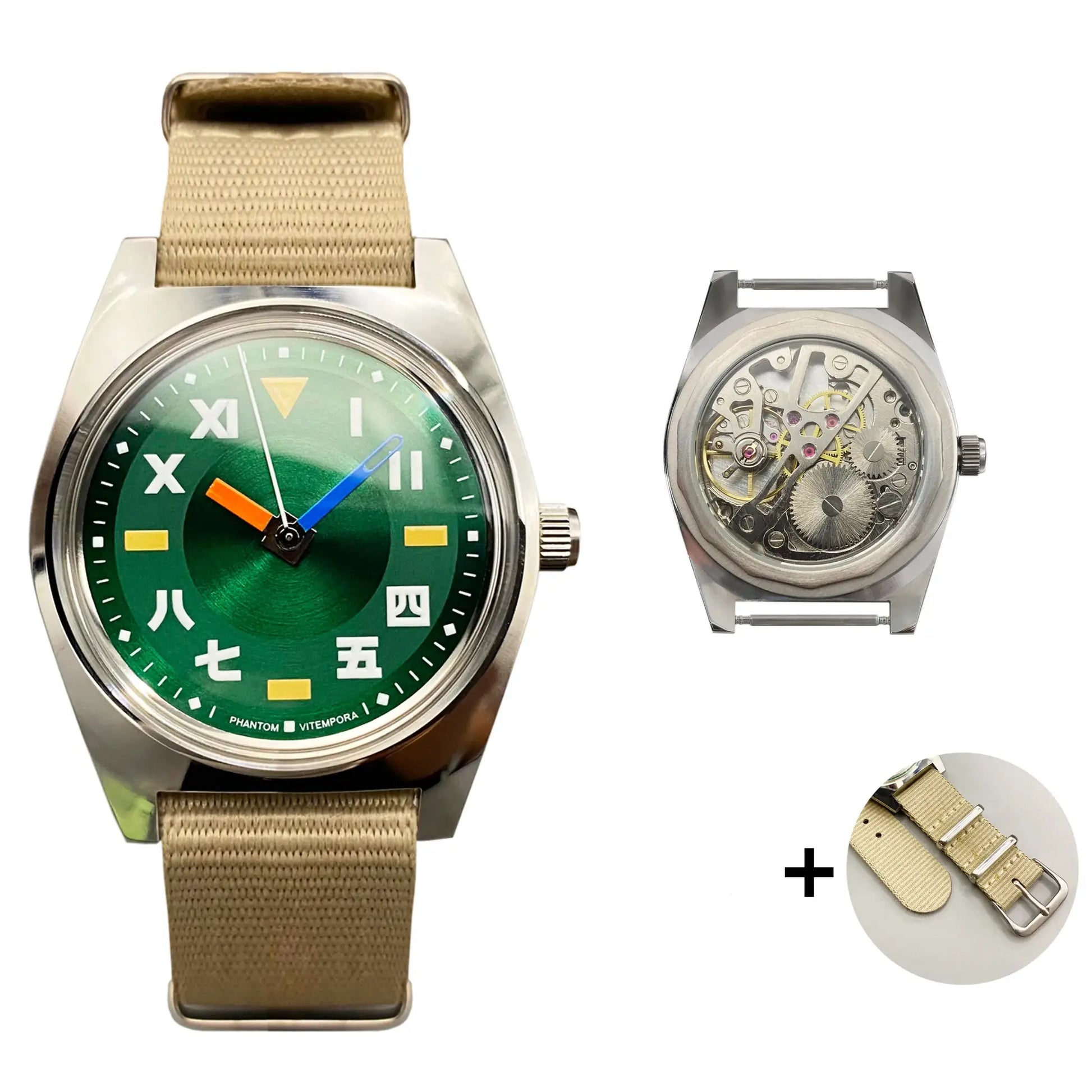 Simples Market 7120 hand-wind mechanical watch with green dial and beige fabric strap; two watches shown