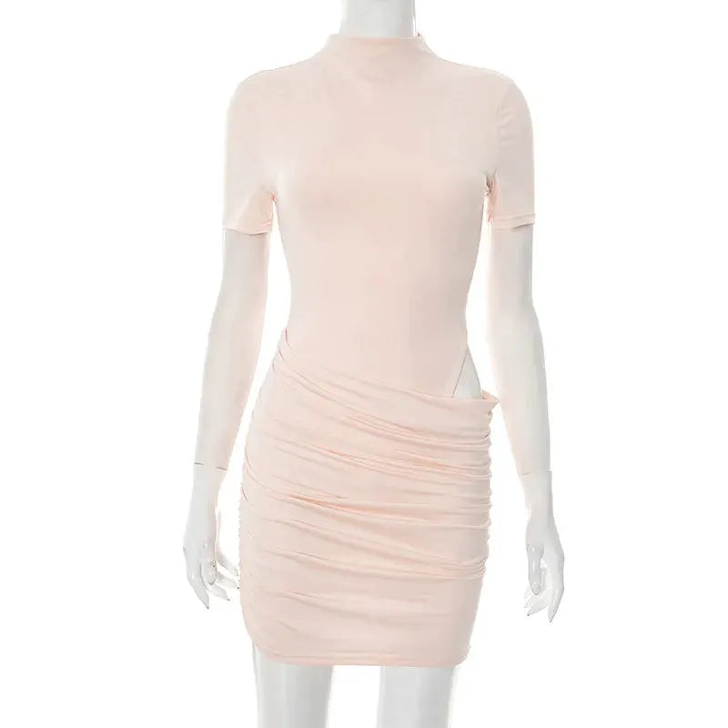 Mozision Hollow Out Ruched Mini Dress Half High Collar Club Party