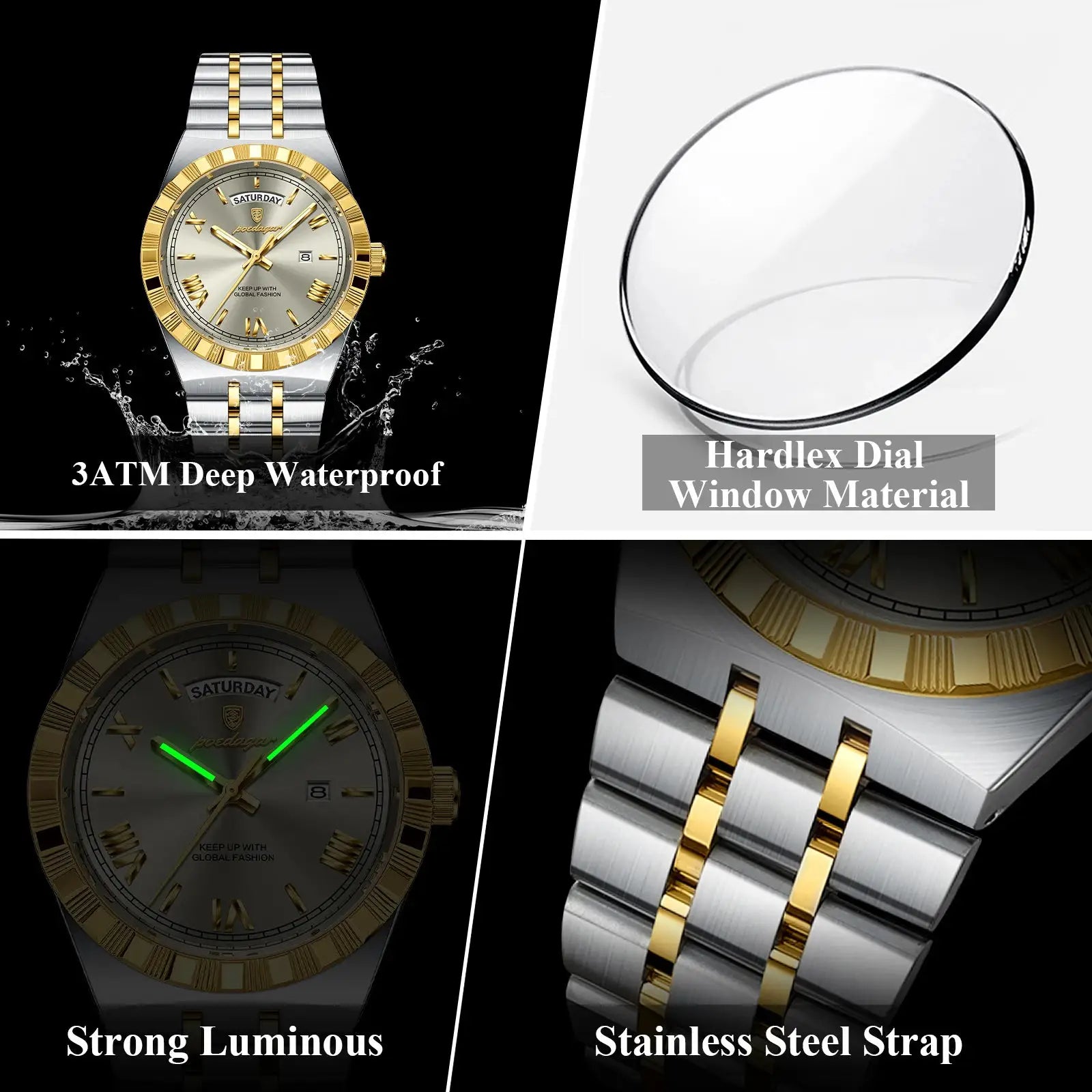 POEDAGAR men's stainless steel wristwatch with two-tone gold bezel and luminous dial, 3ATM waterproof