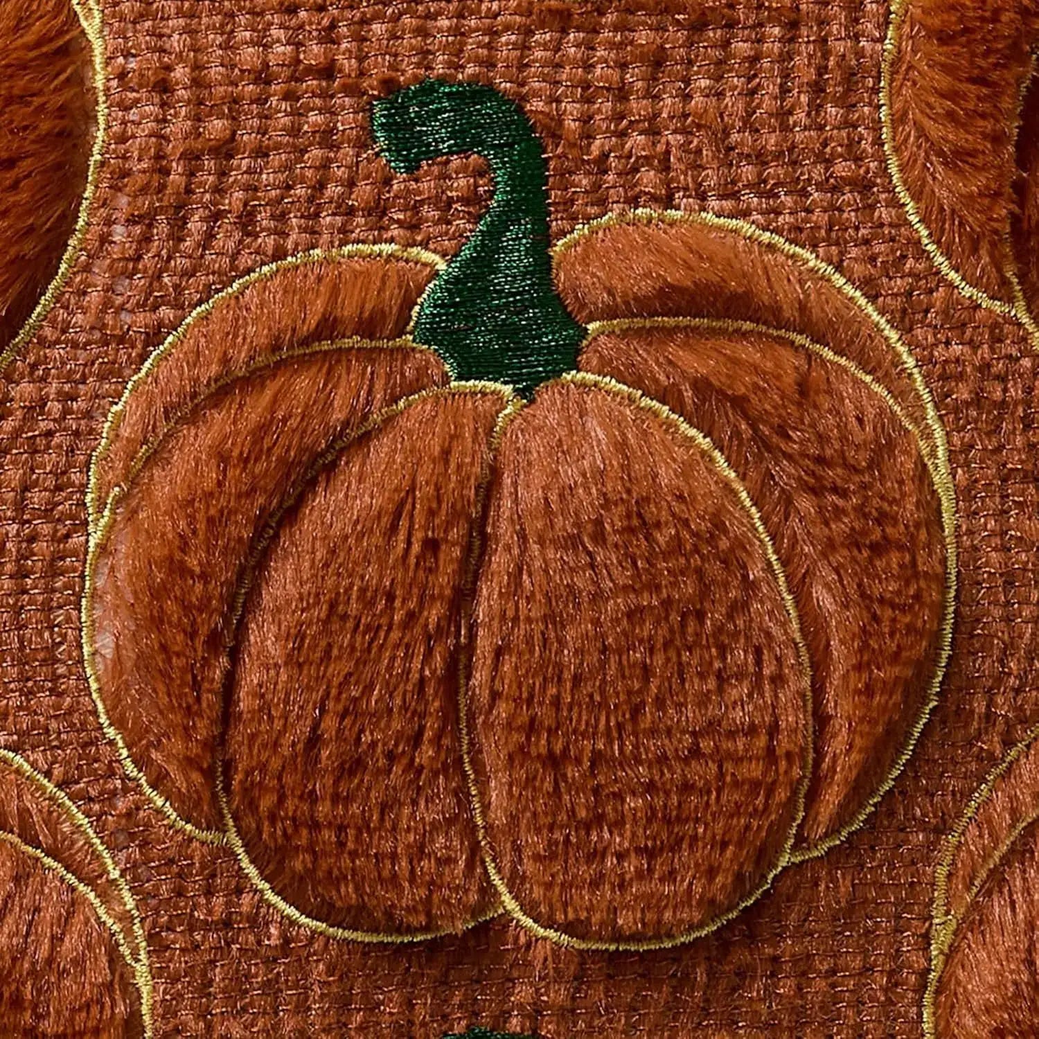 Pillow cover; brown faux-fur with orange pumpkin motif, green stem, gold edging, 18x18