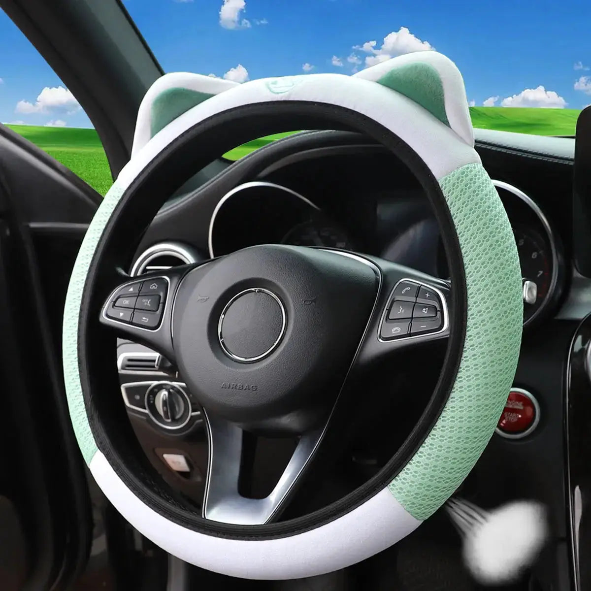 Steering wheel cover, breathable mint-green mesh fabric with white kitten design for 14.5–15 inch wheels