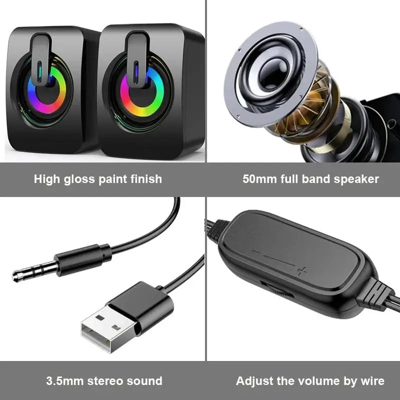 Simples Market computer speaker set with two RGB-lit compact desktop speakers, USB and 3.5mm audio, volume control
