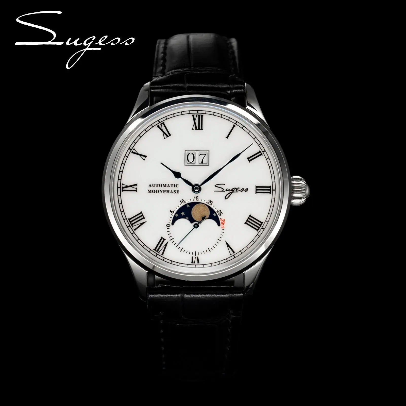 Sugess automatic moonphase wristwatch with white dial, Roman numerals, date window, subdial, black leather strap