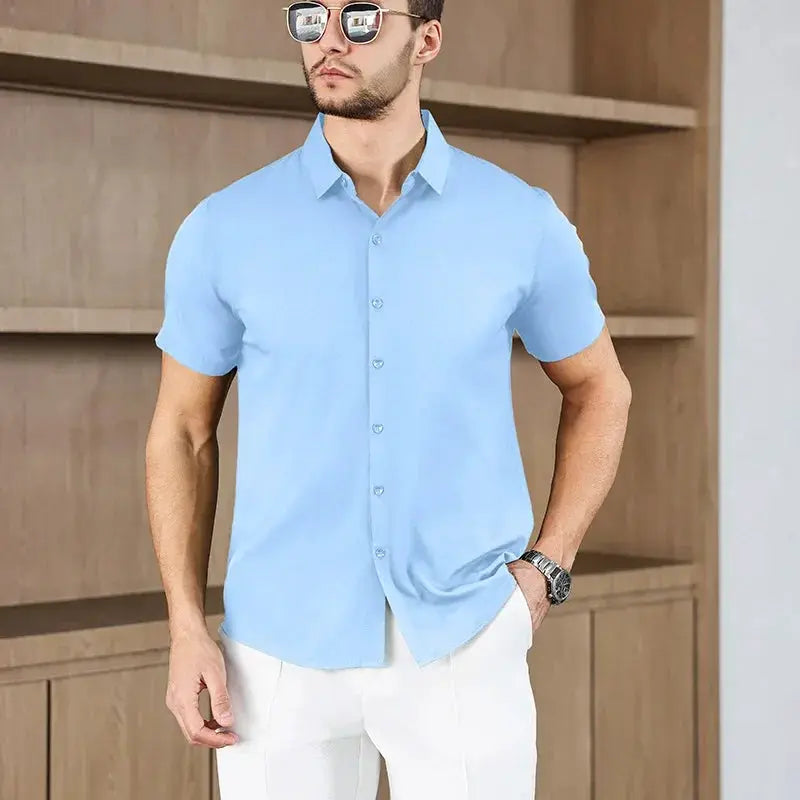 Men's light blue short-sleeve casual shirt, no-iron, versatile summer top
