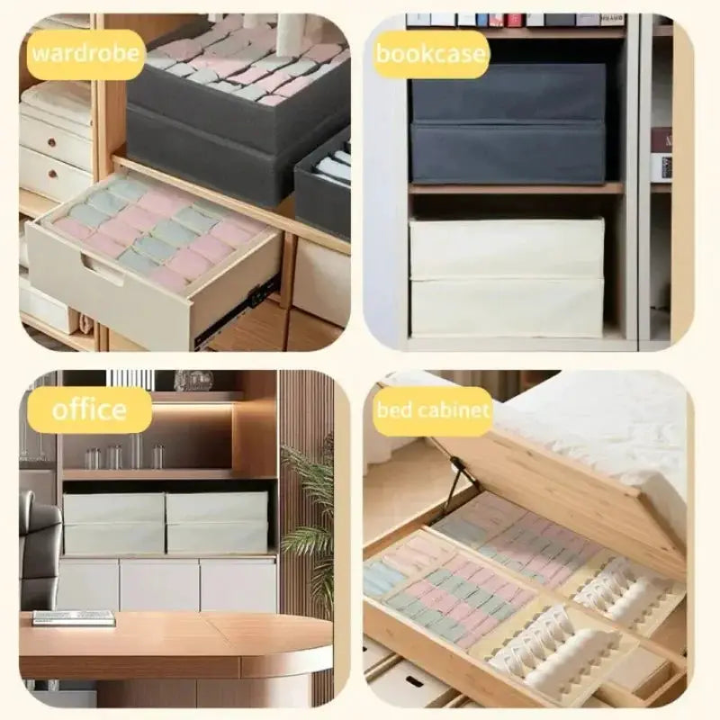 Drawer underwear, bra, and sock storage boxes by Simples Market; beige fabric organizers for wardrobe and cabinet