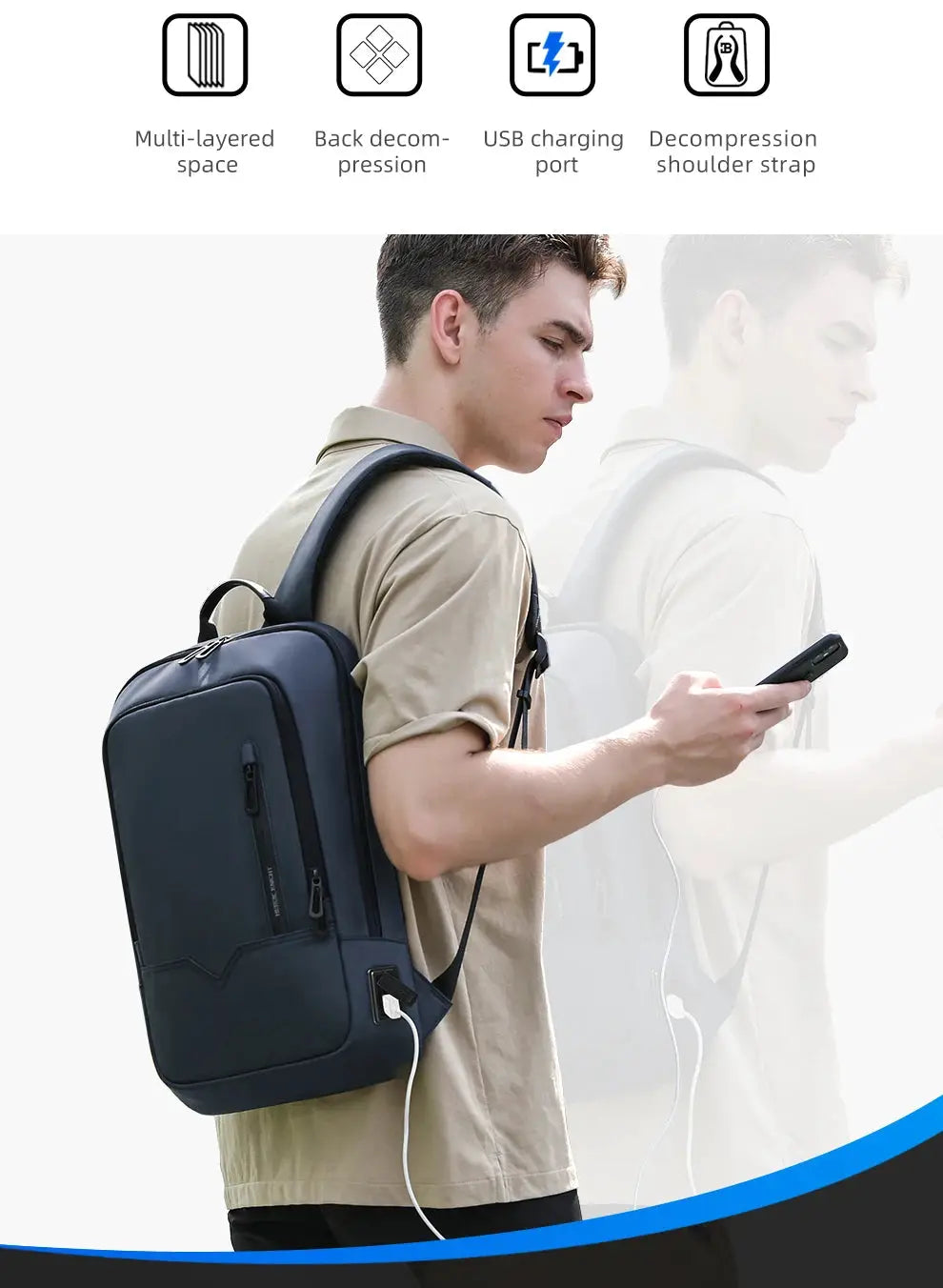 Simples Market HK Slim Backpack for Men, navy blue waterproof 15.6-inch laptop bag with USB charging port