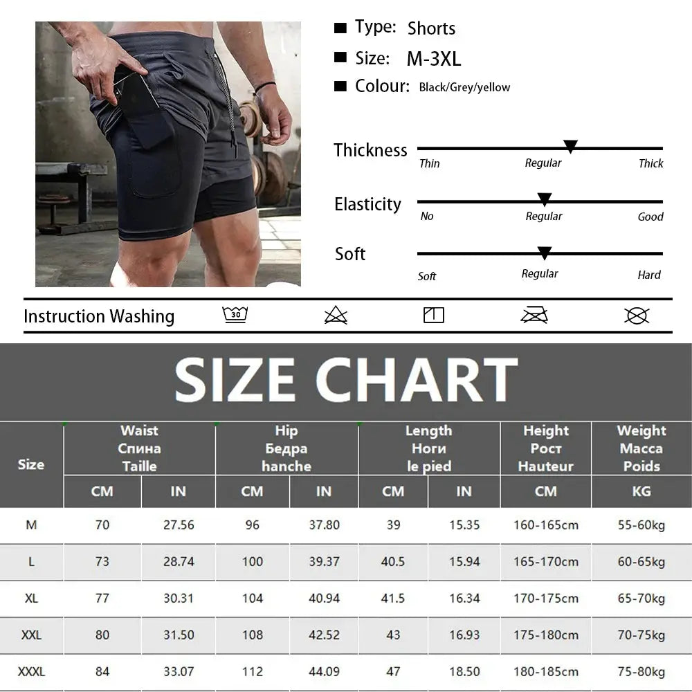 Men's 2-in-1 quick-dry training shorts by Simples Market, black with grey/yellow accents for gym and outdoor running.