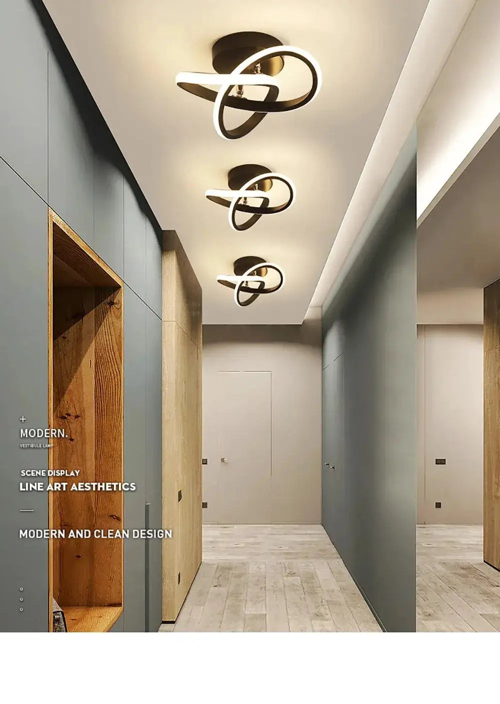 LED strip aisle ceiling lights with dark metal intertwined loop fixtures and white LED edges in a modern hallway