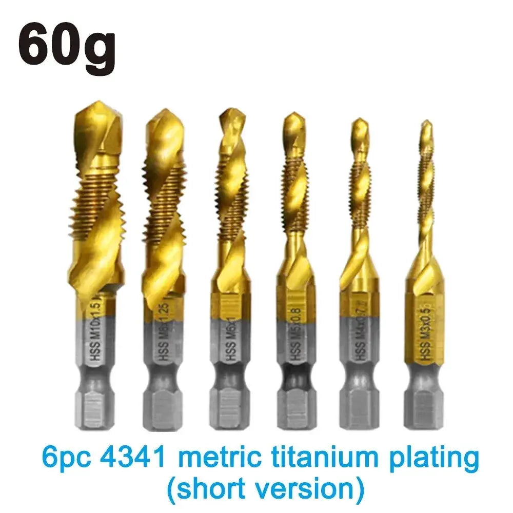 6 Piece High Speed Steel 4341 Titanium Plated Tap Drill And Tap Set With Integrated Tap For Chamfering