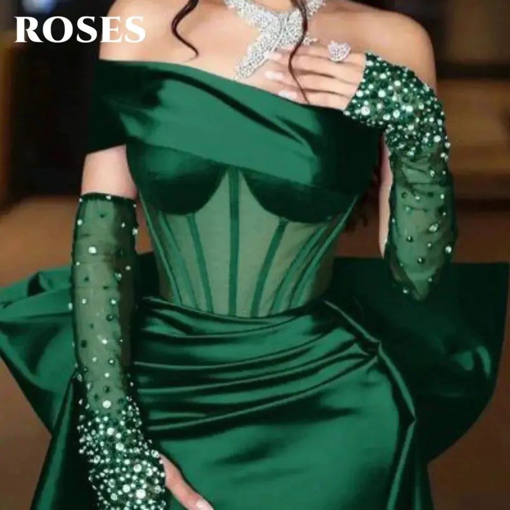 Roses Burgundy Mermaid Prom Dress One Shoulder Beading Bow Sleeve