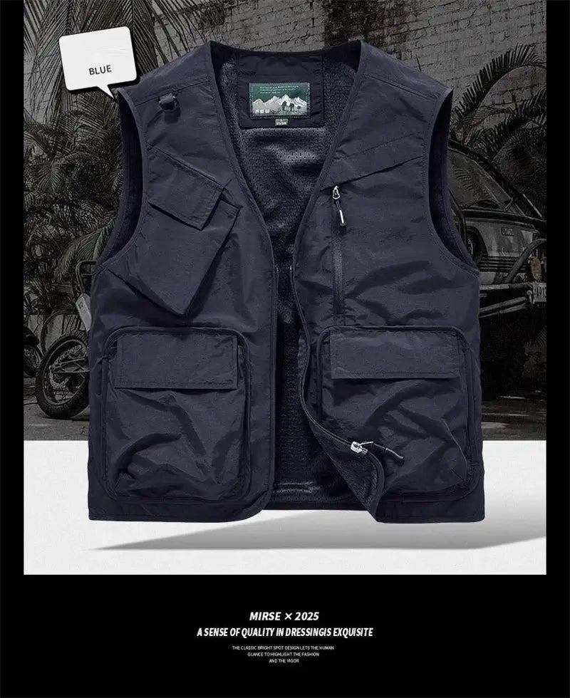 Men's blue sleeveless vest with multiple pockets, lightweight outdoor waistcoat for fishing.