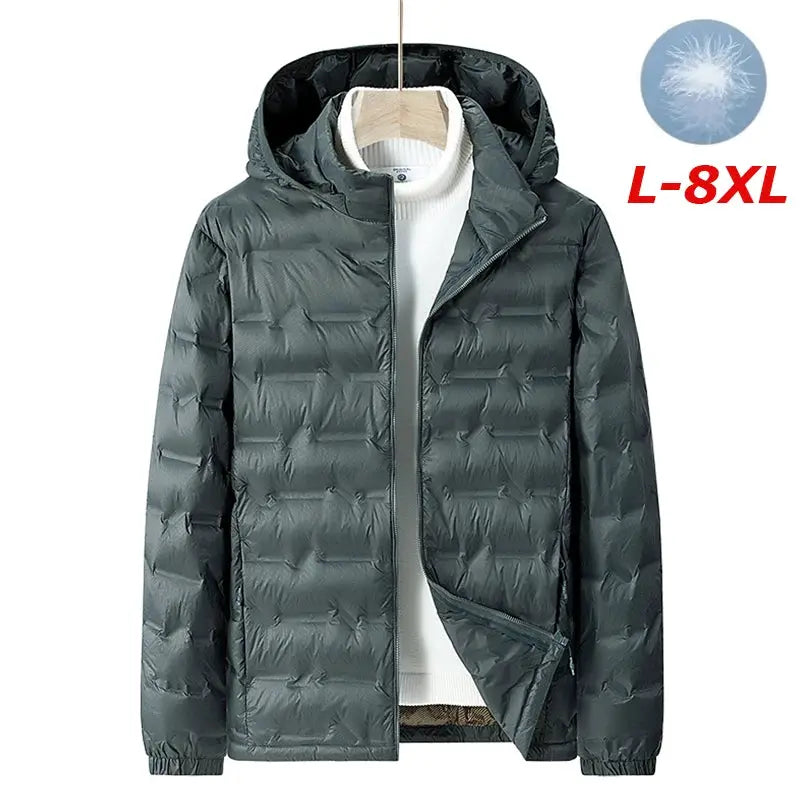 Simples Market men's hooded down jacket; dark green, detachable hood, waterproof windproof puffer coat, sizes L–8XL.