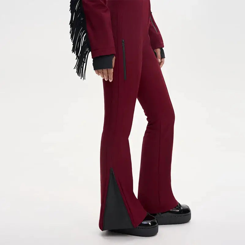 Simples Market burgundy women's thickened one-piece ski suit with belt, zip pockets, black ankle panels
