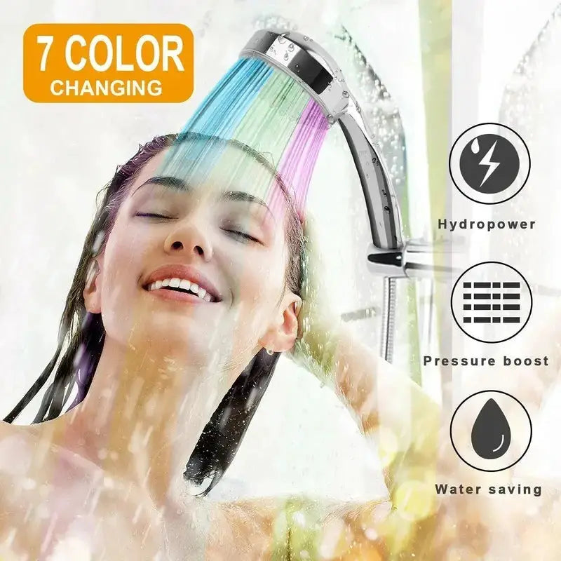 LED Shower Head by Simples Market with 7-color changing lights and rainfall spray, water-saving bathroom accessory