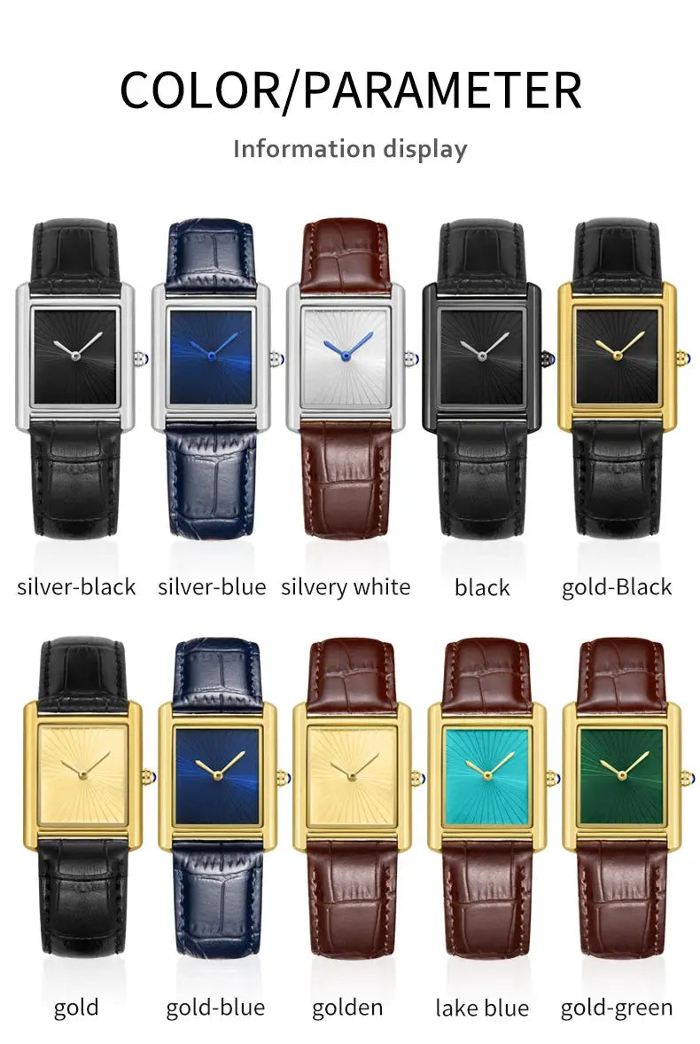 Square watch set for men and women; 10 leather strap quartz wristwatches in assorted colors