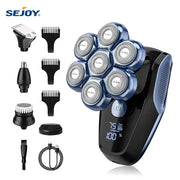 Sejoy 6-in-1 7D rotary shaver for bald men, blue waterproof electric grooming kit with 6 rotary heads and nose trimmer
