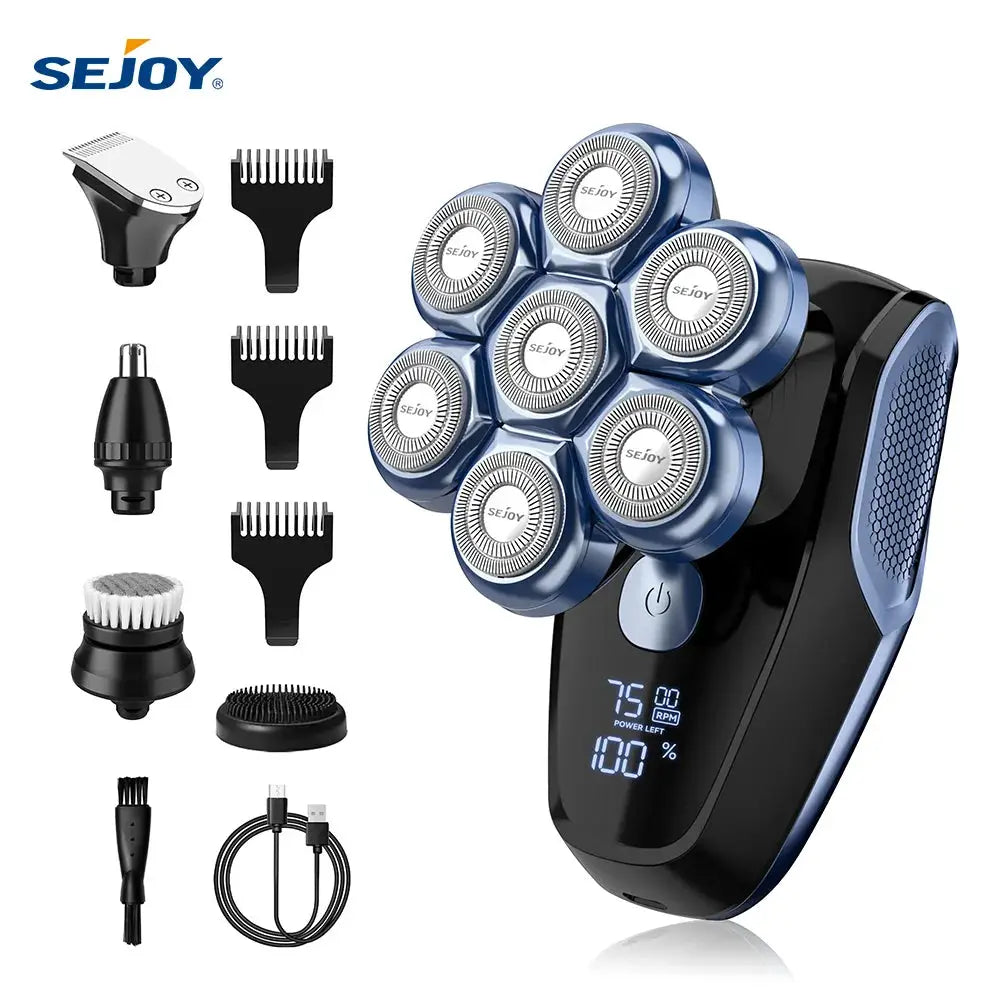 Sejoy 6-in-1 7D rotary shaver for bald men, blue waterproof electric grooming kit with 6 rotary heads and nose trimmer