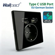 Wallpad Type-C USB wall socket with acrylic black mirror panel, 20W PD fast charge
