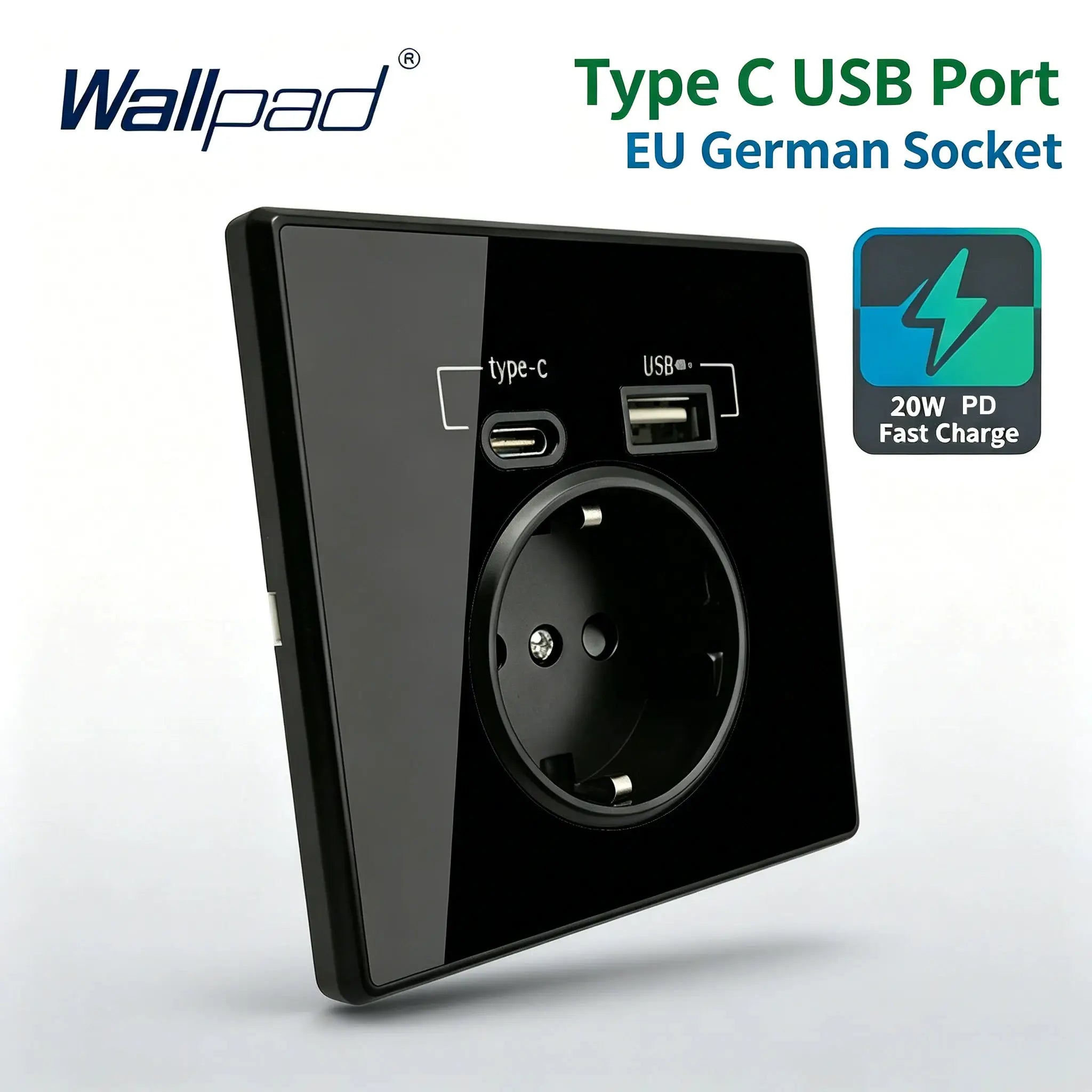 Wallpad Type-C USB wall socket with acrylic black mirror panel, 20W PD fast charge