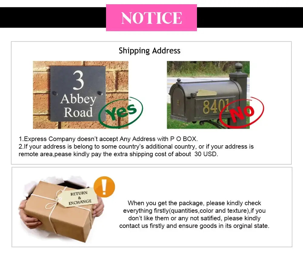 Shipping notice graphic with pink banner, two address photos marked Yes/No, and return policy illustration.