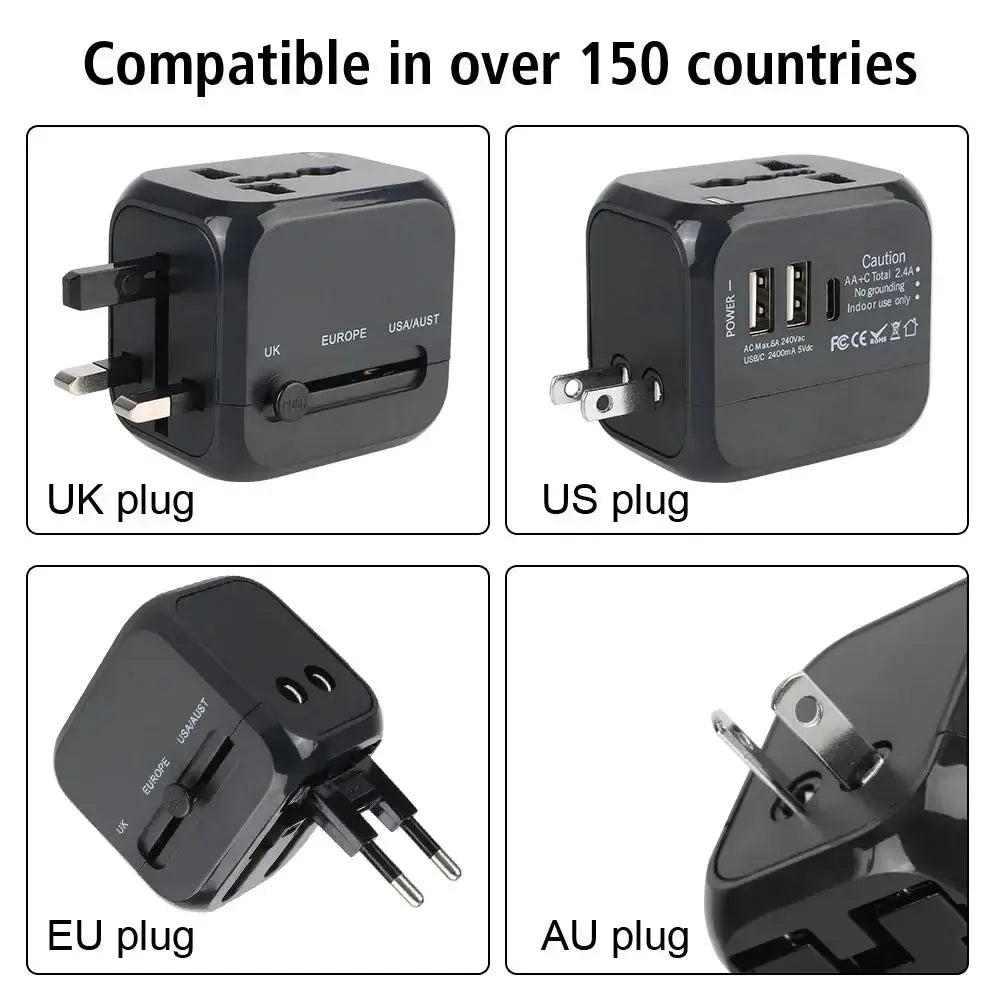 TravelMate All In One Wall Travel Charger Adapter With Worldwide Plugs And Universal US EU UK AU 2 USB Ports Type C