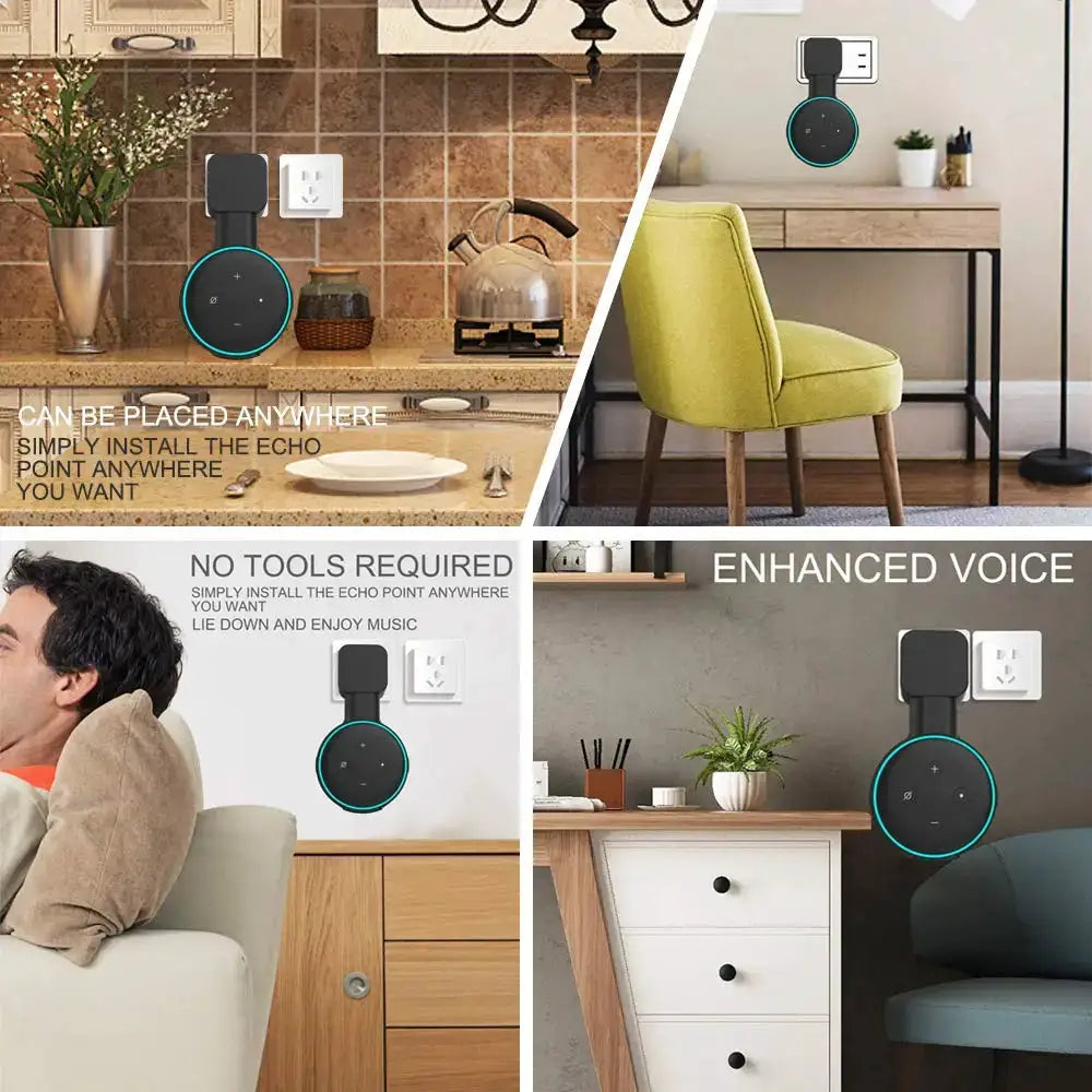 Simples Market Echo Dot 3 Wall Mount Holder; black cord-management bracket with teal ring for EU/US/UK plug.