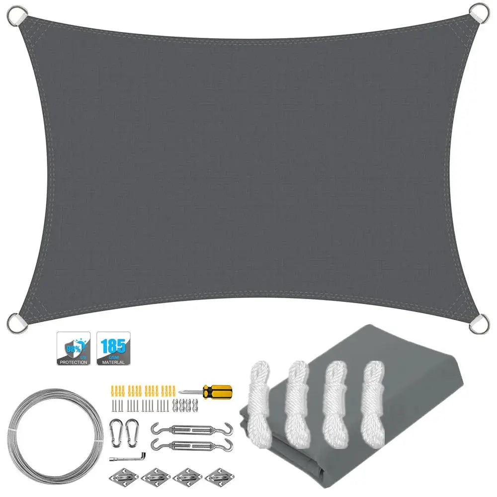 Waterproof gray rectangular sun shade sail canopy with metal corner rings and complete hardware kit.