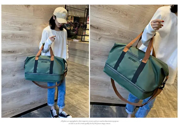 Simples Market travel duffle bag in green with tan shoulder straps, carried by a woman in casual wear.